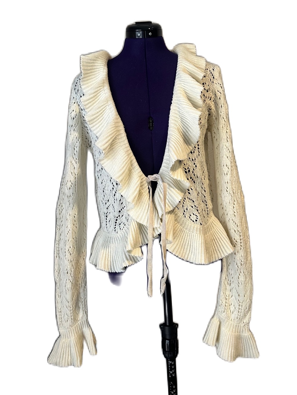 Cream White Pointelle Knit Ruffle Ribbon Tie Cardigan Sweater